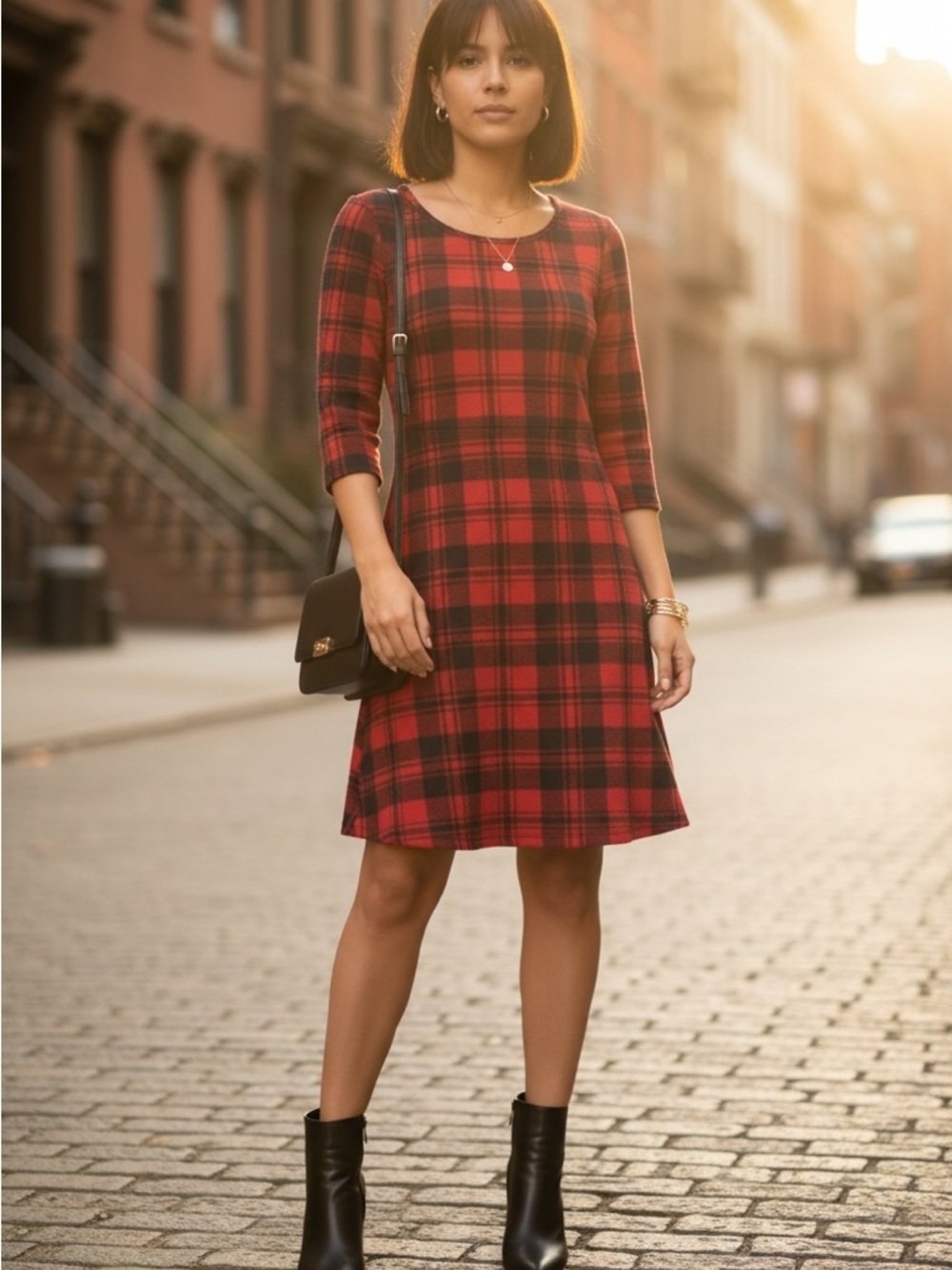 ModCloth Red Plaid A-Line Dress Scoop Neck Fit & Flare Classic